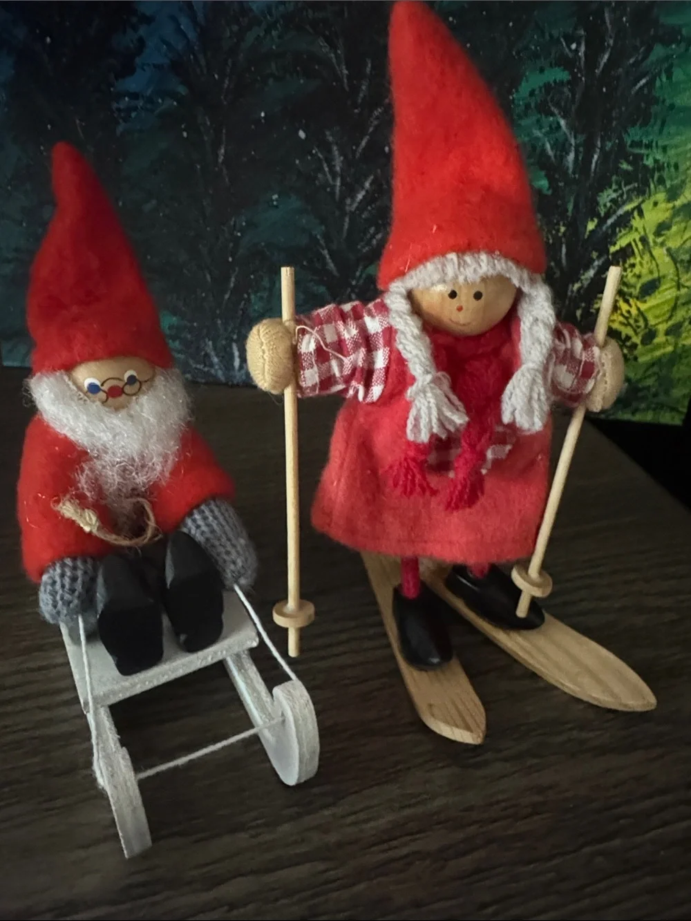 German, Santa on Sled and Skiing Nome, Classic Holiday, VTG.